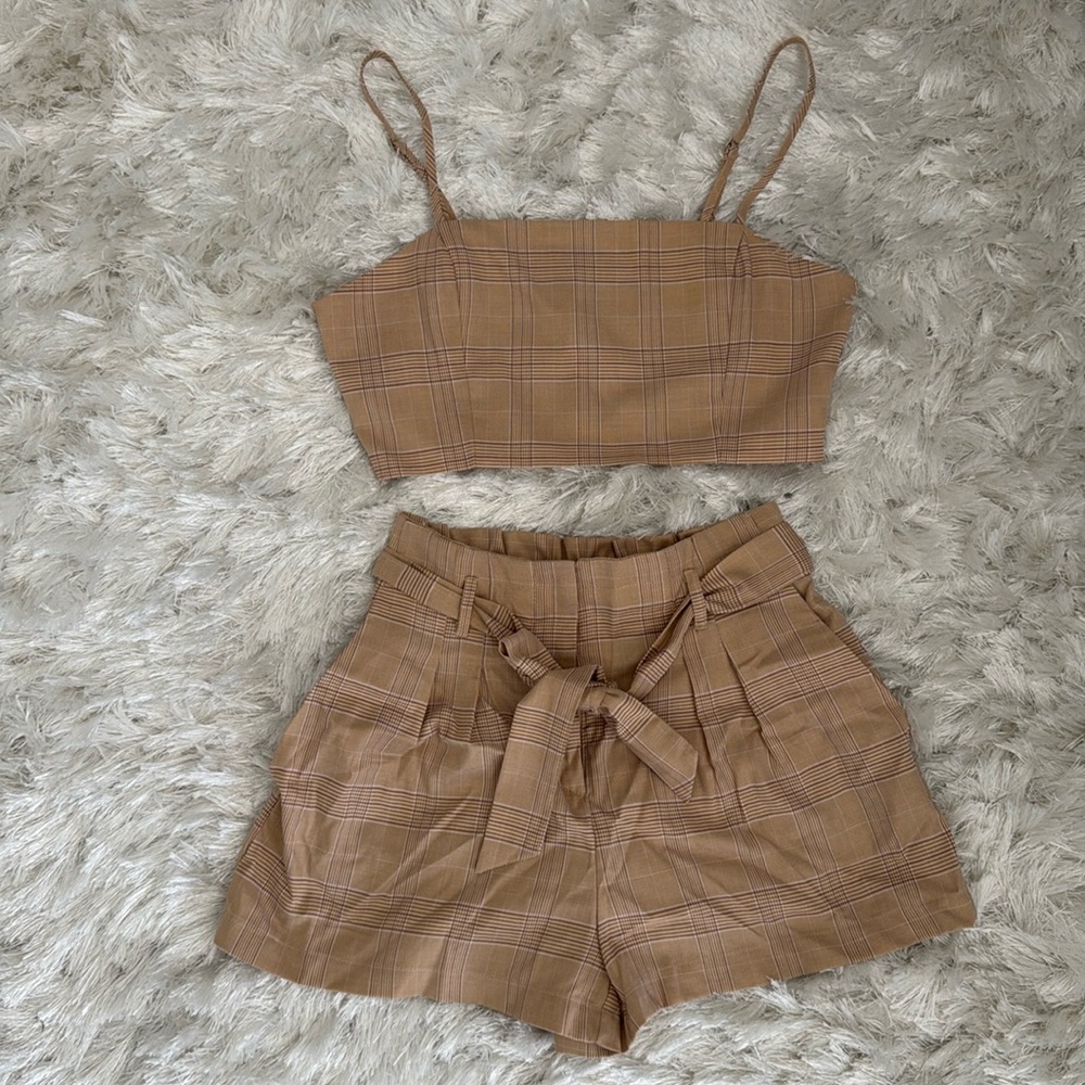 Pink plaid shorts set, M top S bottom.